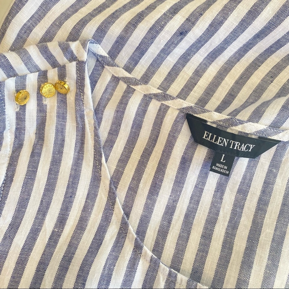 ELLEN TRACY Striped Linen Relaxed Blouse White Blue with Gold Shoulder Detail L - Picture 8 of 13